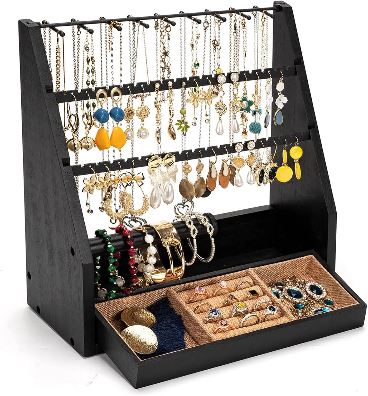Earring Organizer, 5 Layer Earring Holder Organizer with Necklace Holder, Rustic Wood Jewelry Organizer Stand Display for Stud Earring Bracelet Necklace Ring, Watches
