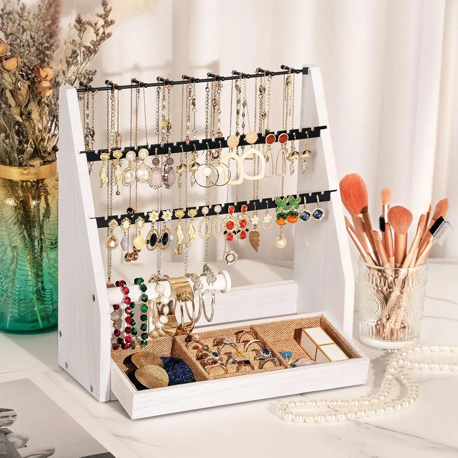 Earring Organizer, 5 Layer Earring Holder Organizer with Necklace Holder, Rustic Wood Jewelry Organizer Stand Display for Stud Earring Bracelet Necklace Ring, Watches