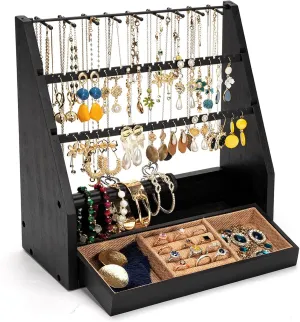 Earring Organizer, 5 Layer Earring Holder Organizer with Necklace Holder, Rustic Wood Jewelry Organizer Stand Display for Stud Earring Bracelet Necklace Ring, Watches