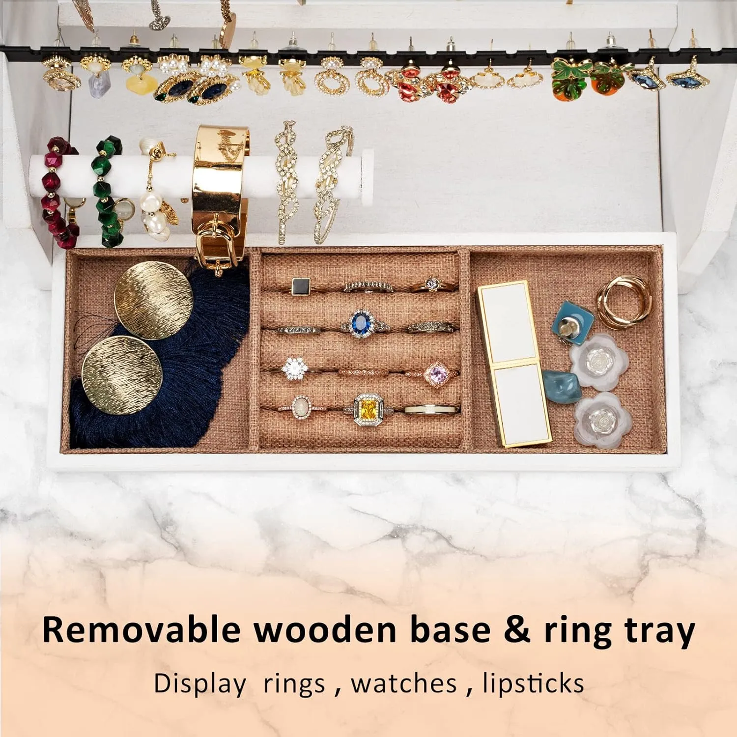 Earring Organizer, 5 Layer Earring Holder Organizer with Necklace Holder, Rustic Wood Jewelry Organizer Stand Display for Stud Earring Bracelet Necklace Ring, Watches