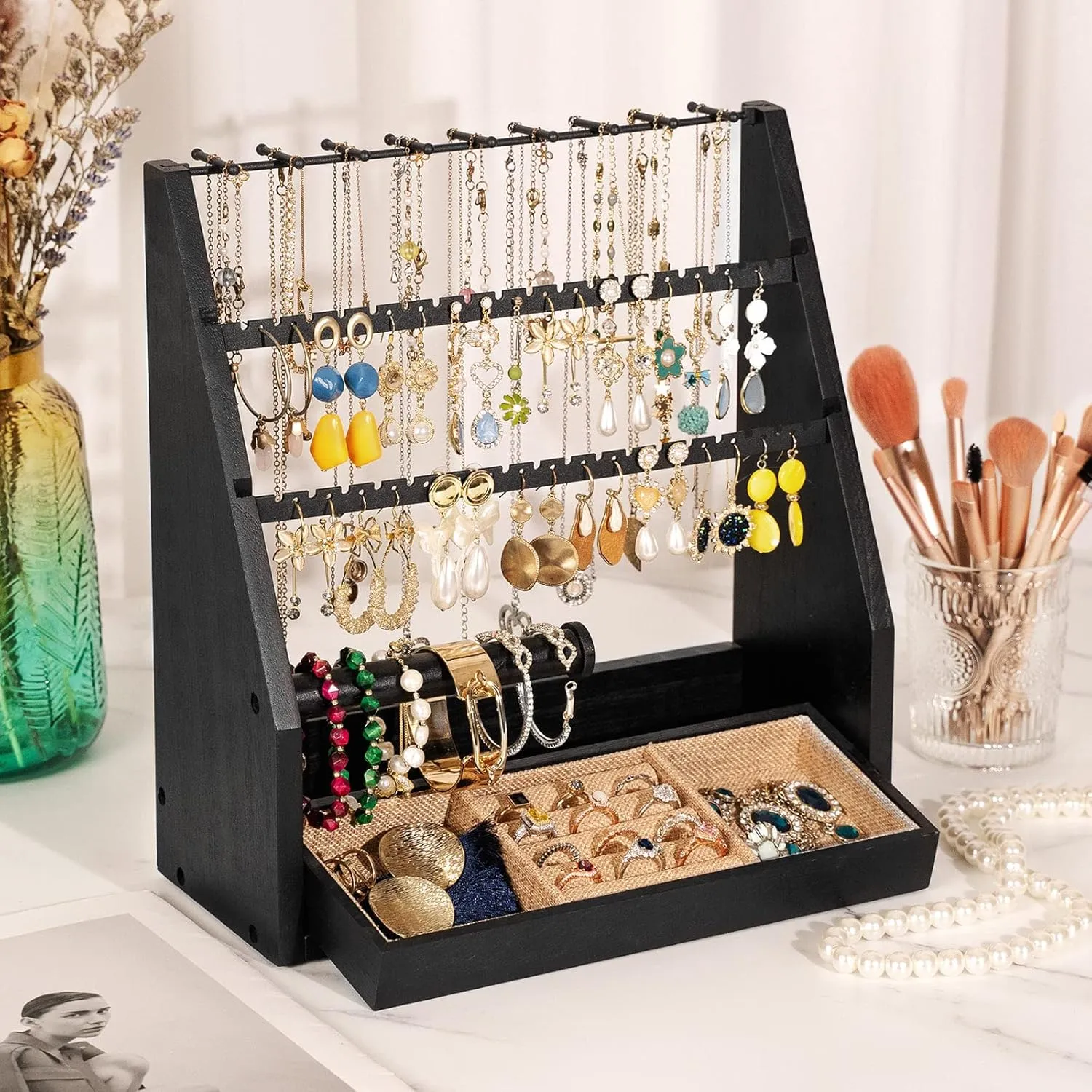 Earring Organizer, 5 Layer Earring Holder Organizer with Necklace Holder, Rustic Wood Jewelry Organizer Stand Display for Stud Earring Bracelet Necklace Ring, Watches