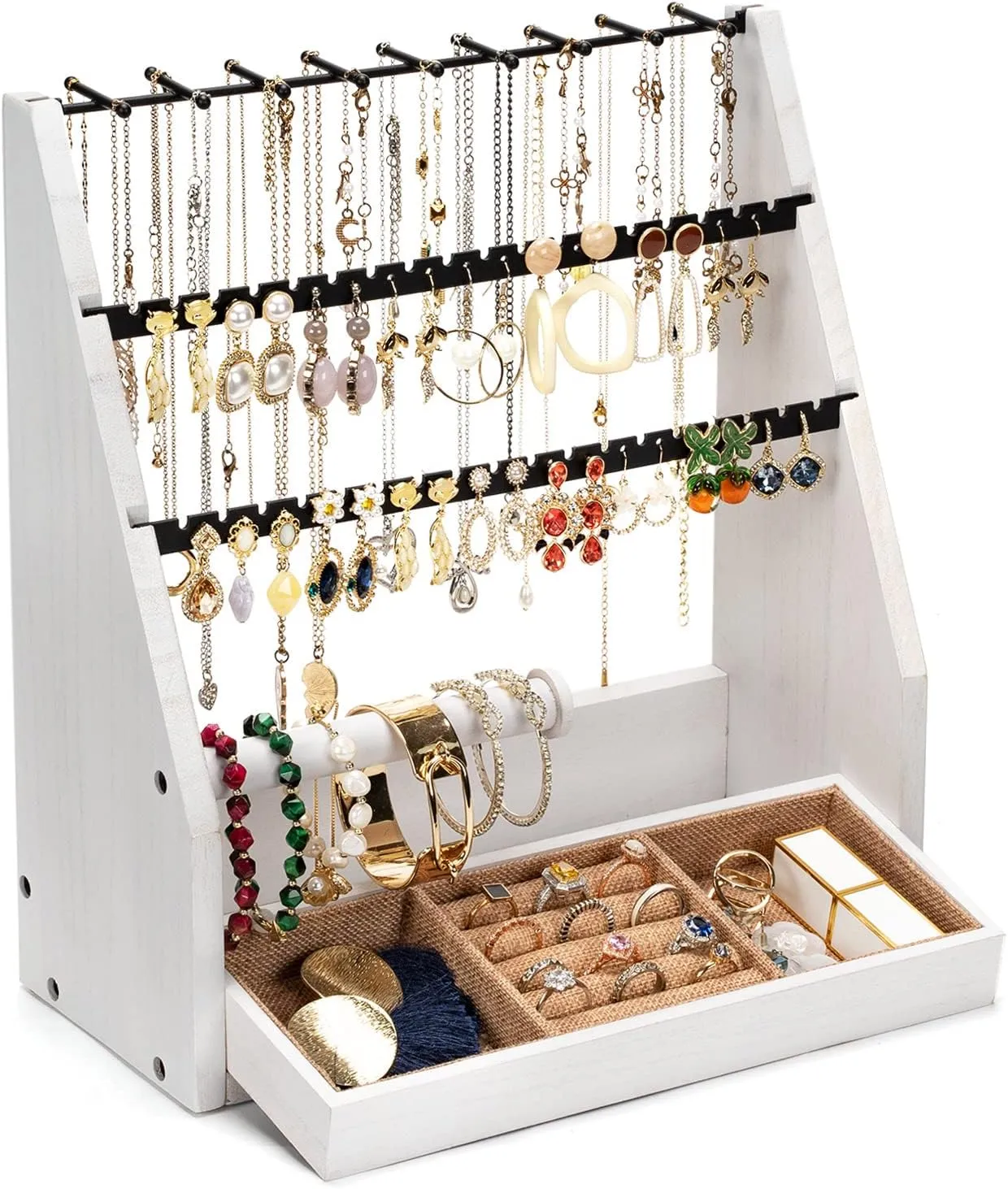 Earring Organizer, 5 Layer Earring Holder Organizer with Necklace Holder, Rustic Wood Jewelry Organizer Stand Display for Stud Earring Bracelet Necklace Ring, Watches
