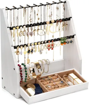 Earring Organizer, 5 Layer Earring Holder Organizer with Necklace Holder, Rustic Wood Jewelry Organizer Stand Display for Stud Earring Bracelet Necklace Ring, Watches