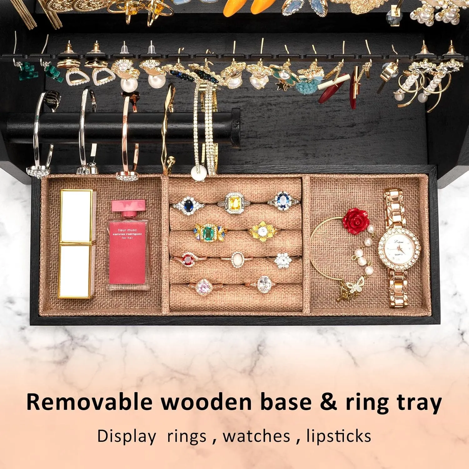Earring Organizer, 5 Layer Earring Holder Organizer with Necklace Holder, Rustic Wood Jewelry Organizer Stand Display for Stud Earring Bracelet Necklace Ring, Watches