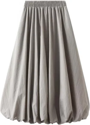 ebossy Women's High Elastic Waist Pleated Cinch Bottom A-line Bohemian Midi Skirts with Pockets