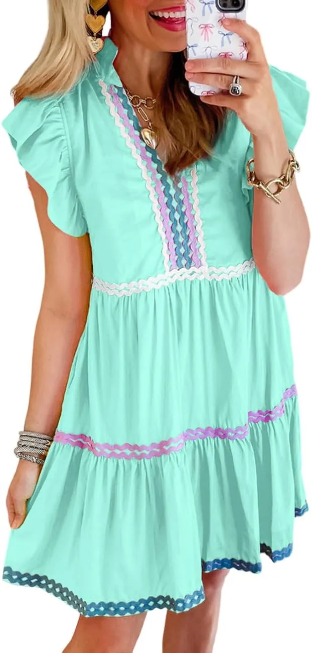Ecosunny Women's Summer Mini Dress 2024 V Neck Ruffle Cap Sleeve RIC Rac Casual Flowy Tiered Boho Beach Sundress