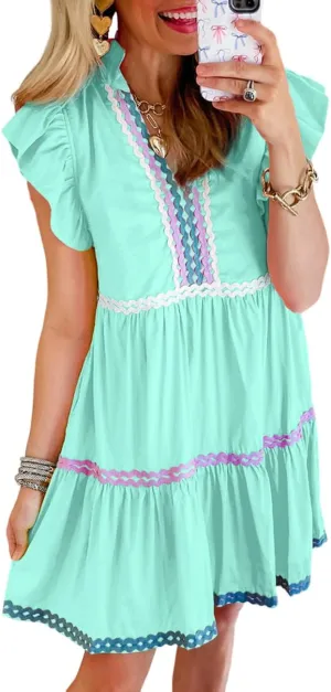 Ecosunny Women's Summer Mini Dress 2024 V Neck Ruffle Cap Sleeve RIC Rac Casual Flowy Tiered Boho Beach Sundress