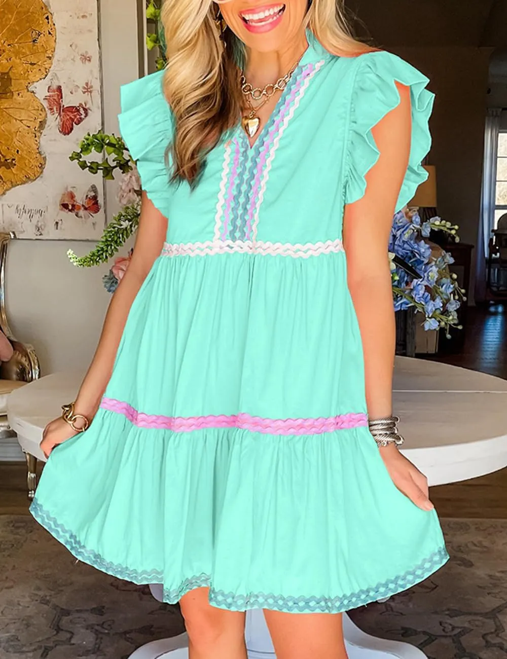 Ecosunny Women's Summer Mini Dress 2024 V Neck Ruffle Cap Sleeve RIC Rac Casual Flowy Tiered Boho Beach Sundress