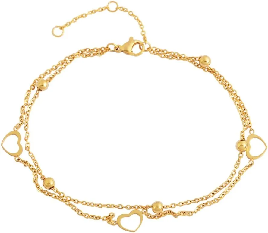 Edforce Stainless Steel 3 Heart Double Chain 5 Balls Charms Anklet Bracelet Foot Jewelry, 8.5" 2" Extender