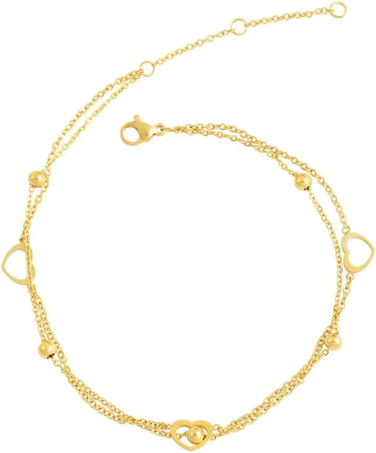 Edforce Stainless Steel 3 Heart Double Chain 5 Balls Charms Anklet Bracelet Foot Jewelry, 8.5" 2" Extender