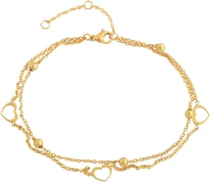 Edforce Stainless Steel 3 Heart Double Chain 5 Balls Charms Anklet Bracelet Foot Jewelry, 8.5" 2" Extender