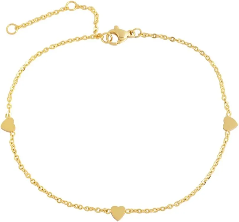 Edforce Stainless Steel Women Girls 3 Small Heart Charms Anklet Bracelet Foot Jewelry, 8.5" 2" Extender