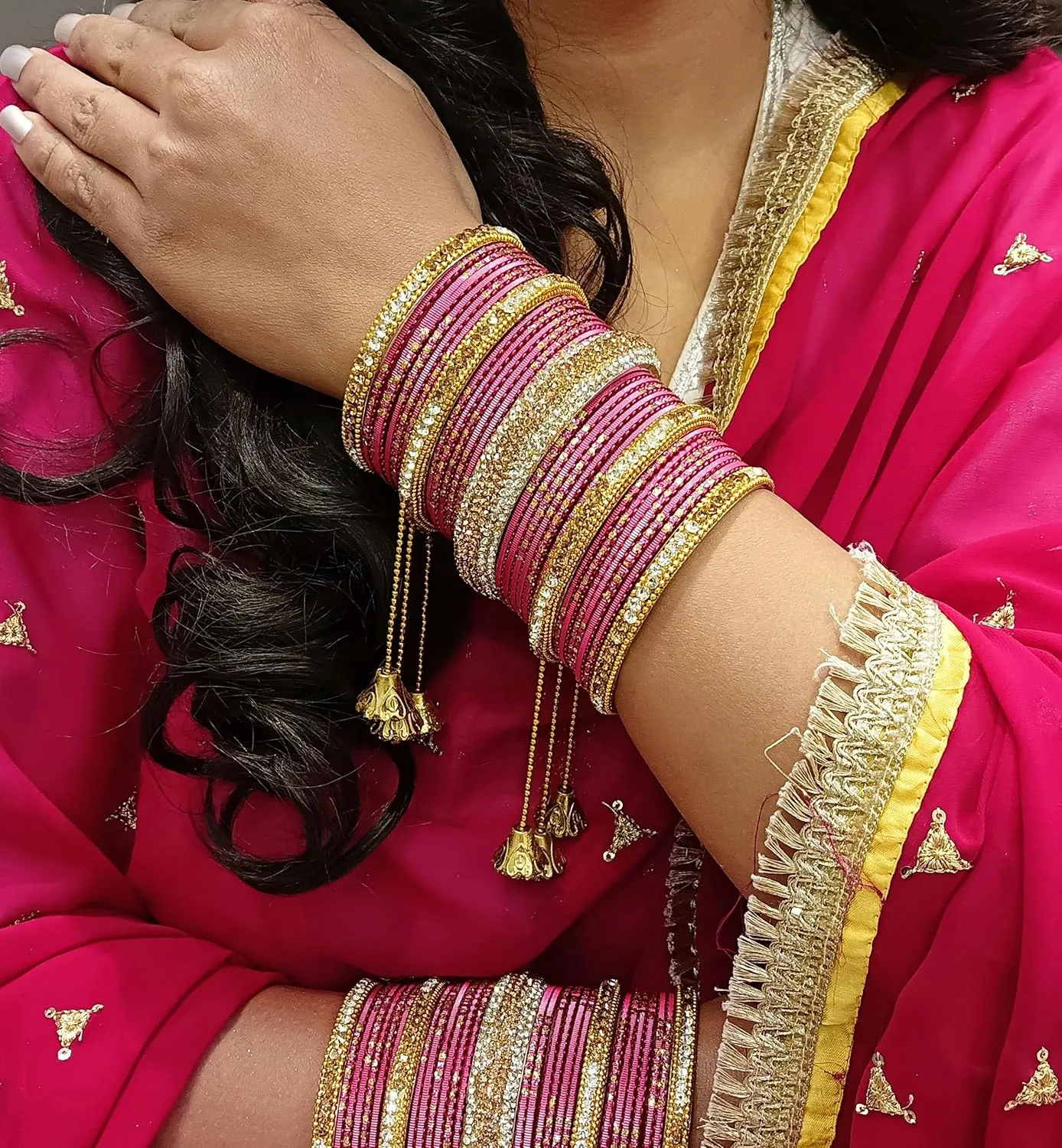 Efulgenz Bridal Indian Bangles for Women Wedding Indian Bangle Set Bollywood Jewelry Rhinestone CZ Crystal Bracelet Plain Metal Bangle Set for Women (58 Pcs)