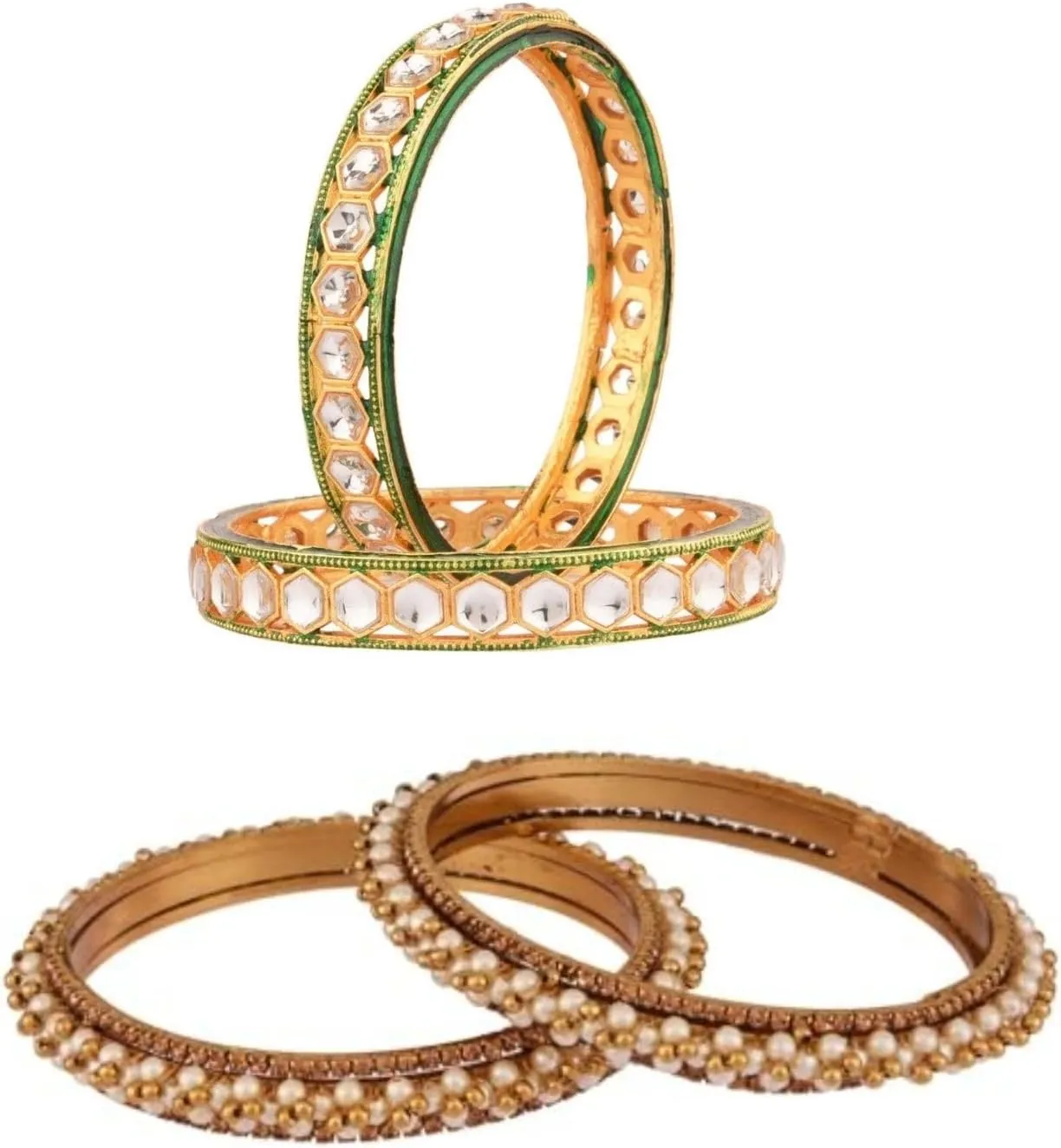 Efulgenz Indian Bangle Set for Women Faux Kundan Crystal Bracelet Bangles Indian Bridal Jewelry for Wedding Stylish Faux Pearl Metal Balls Beaded Bracelet Bollywood Fashion Jewelry