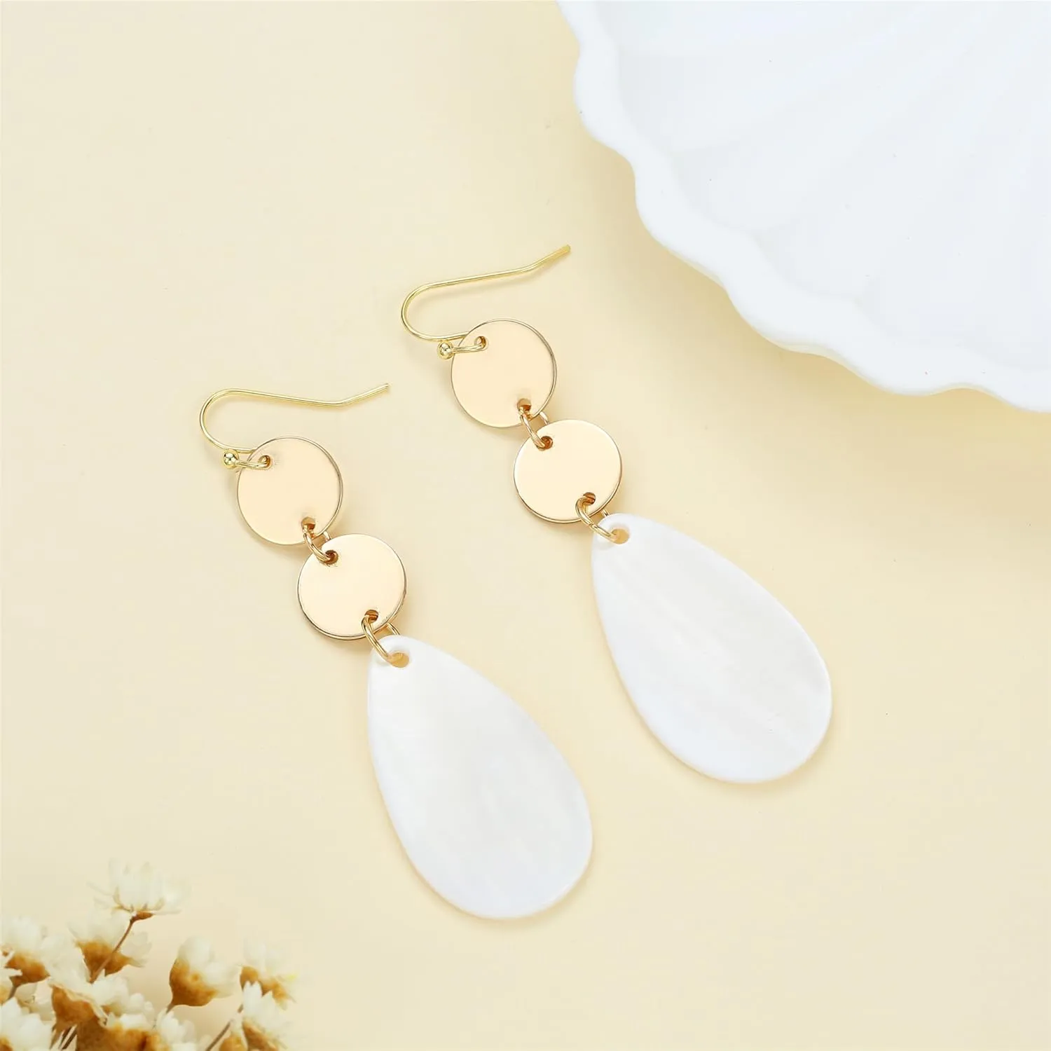 Elegant Long Tear drop Earrings for Women Sparkly Silver Gold Plated Accent Shell Beads Dangle Earrings