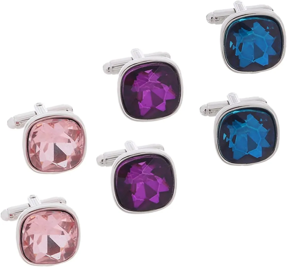 Elegant Mens Cufflinks Set of 3 Polished Glass and Diamond Accents for Formal Events