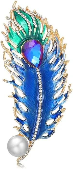 Elegant Peacock Feather Brooch Pins for Women Girls Teardrop Crystal CZ Pearl Badge Corsages Scarf Clips Lapel Pin Brooches for Ladies Clothing Tie Dress Accessories Decorative