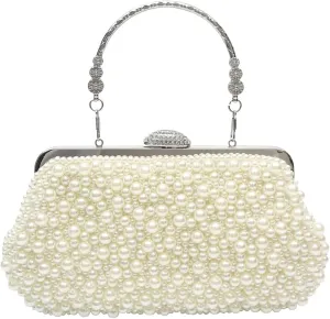 Elegant Pearl Evening Bag for Women | Beaded Clutch Purse for Bridal Wedding | Retro Crossbody Handbag with Detachable Chain | Perfect for Cocktail, Banquet, Prom, and Party(Beige)