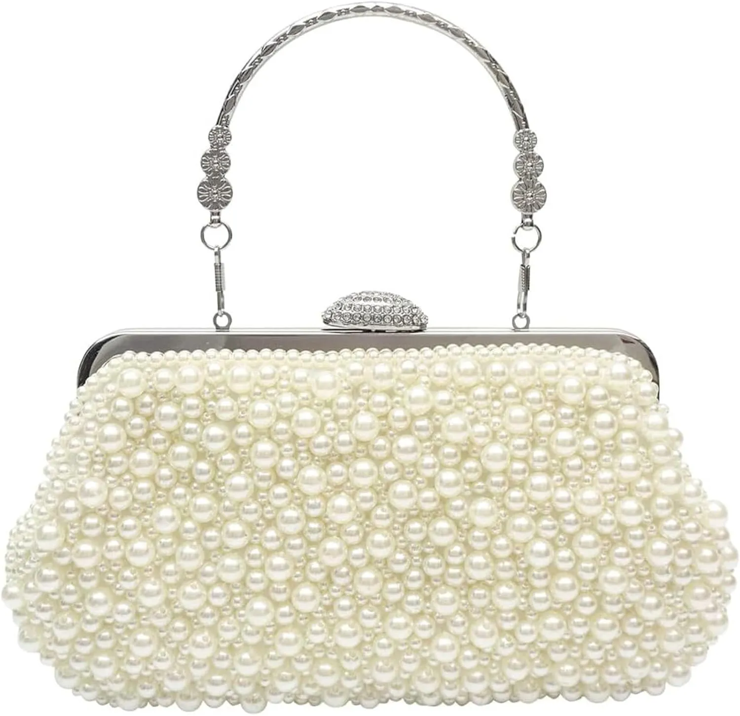 Elegant Pearl Evening Bag for Women | Beaded Clutch Purse for Bridal Wedding | Retro Crossbody Handbag with Detachable Chain | Perfect for Cocktail, Banquet, Prom, and Party(Beige)