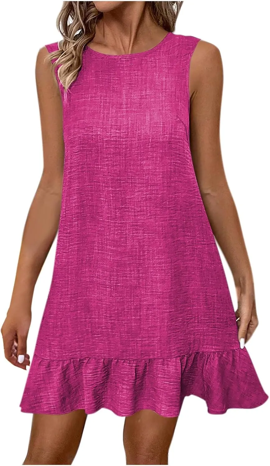 Elegant Womens Summer Sleeveless Mini Dress Classic Round Neck Ruffle Smock Dresses Fashion Tie Backless Short Dress