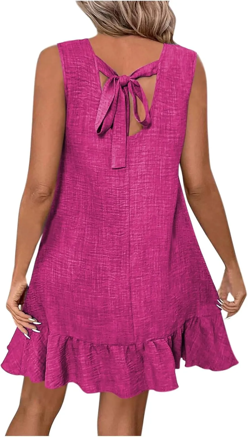 Elegant Womens Summer Sleeveless Mini Dress Classic Round Neck Ruffle Smock Dresses Fashion Tie Backless Short Dress