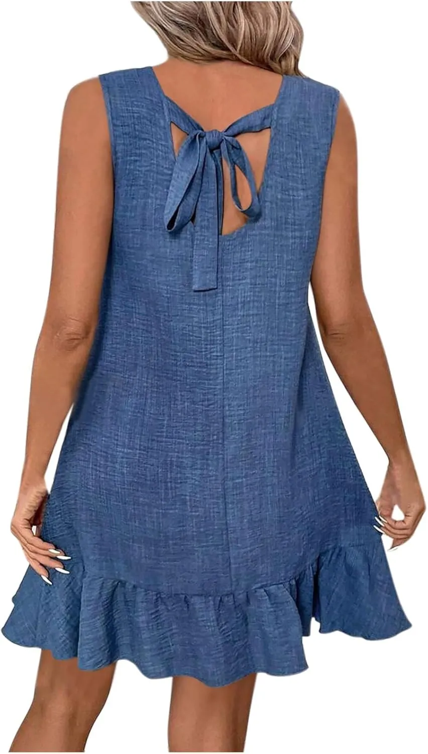 Elegant Womens Summer Sleeveless Mini Dress Classic Round Neck Ruffle Smock Dresses Fashion Tie Backless Short Dress