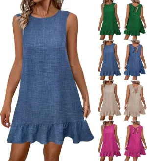 Elegant Womens Summer Sleeveless Mini Dress Classic Round Neck Ruffle Smock Dresses Fashion Tie Backless Short Dress