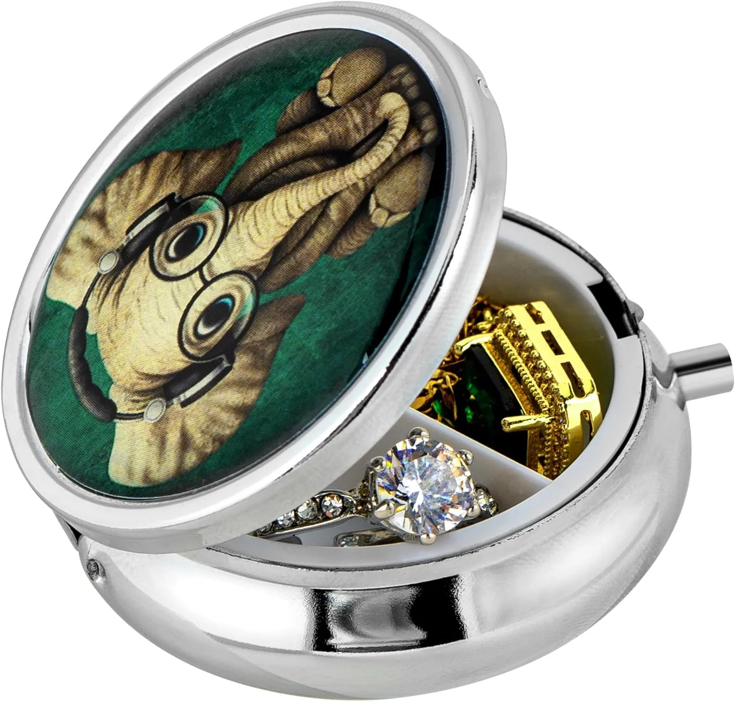 Elephant Jewelry Trinket Box Gift, Small Portable Jewelry Case Travel Trinket Holder for Pocket Purse, Jewelry Holder with Mirror, Metal Jewelry Box for Earrings, Rings, Necklace