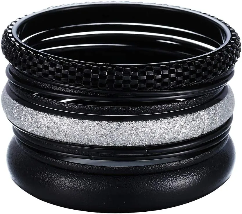 Ensoul Black W/Silver Glitter Multiple Metal Bracelets & Bangles Set For Women 12Pcs/Set