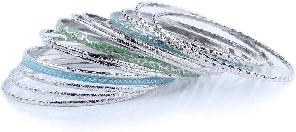 Ensoul Enameled Multiple Indian African Metal Bracelets & Bangles Set for Women 15Pcs/Set/2.68" Dia.