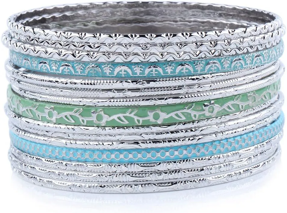 Ensoul Enameled Multiple Indian African Metal Bracelets & Bangles Set for Women 15Pcs/Set/2.68" Dia.