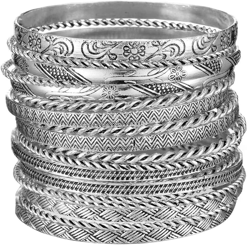 Ensoul Flower Mixed Metal Aztec African Indian Vintage Bangle&Bracelets for Women Set of 19/2.68" Dia