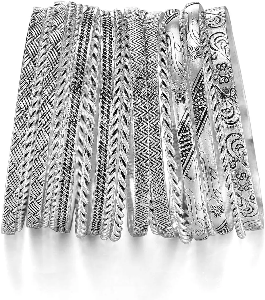 Ensoul Flower Mixed Metal Aztec African Indian Vintage Bangle&Bracelets for Women Set of 19/2.68" Dia