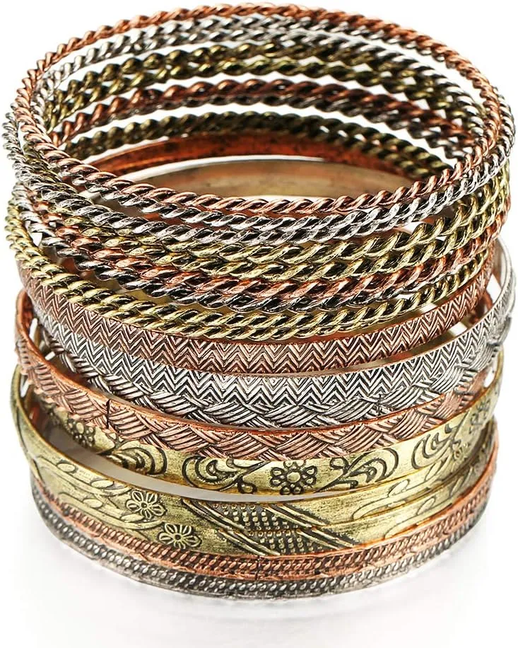 Ensoul Flower Mixed Metal Aztec African Indian Vintage Bangle&Bracelets for Women Set of 19/2.68" Dia