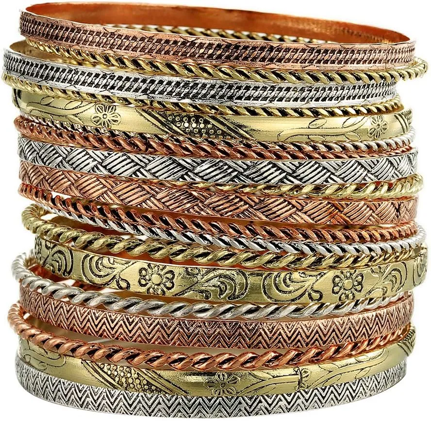 Ensoul Flower Mixed Metal Aztec African Indian Vintage Bangle&Bracelets for Women Set of 19/2.68" Dia