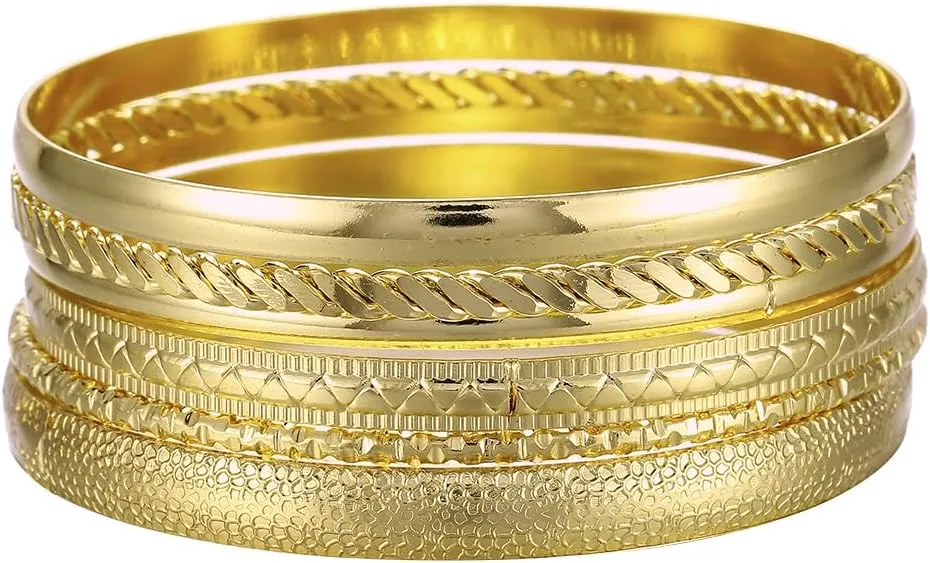 Ensoul Shiny Gold Color Multiple Metal Bracelets & Bangles Set For Women Luxury 6Pcs/Set