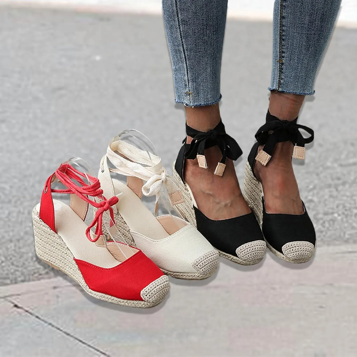 Espadrilles Wedges for Women Closed Toe Lace Up Platform Sandals Ankle Strap Summer Dress Shoes, Casual Beach Platform Espadrille Sandals Slip on Comfortable Slingback
