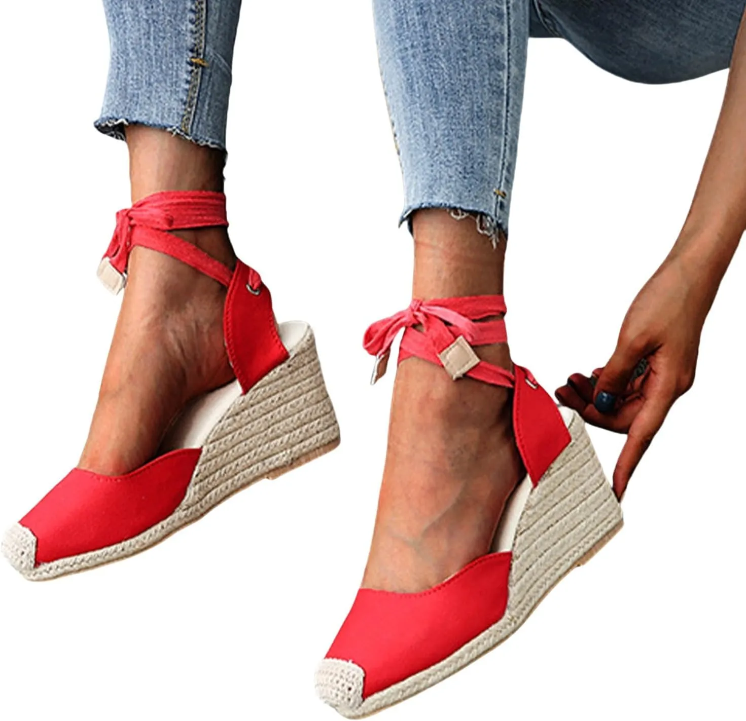 Espadrilles Wedges for Women Closed Toe Lace Up Platform Sandals Ankle Strap Summer Dress Shoes, Casual Beach Platform Espadrille Sandals Slip on Comfortable Slingback
