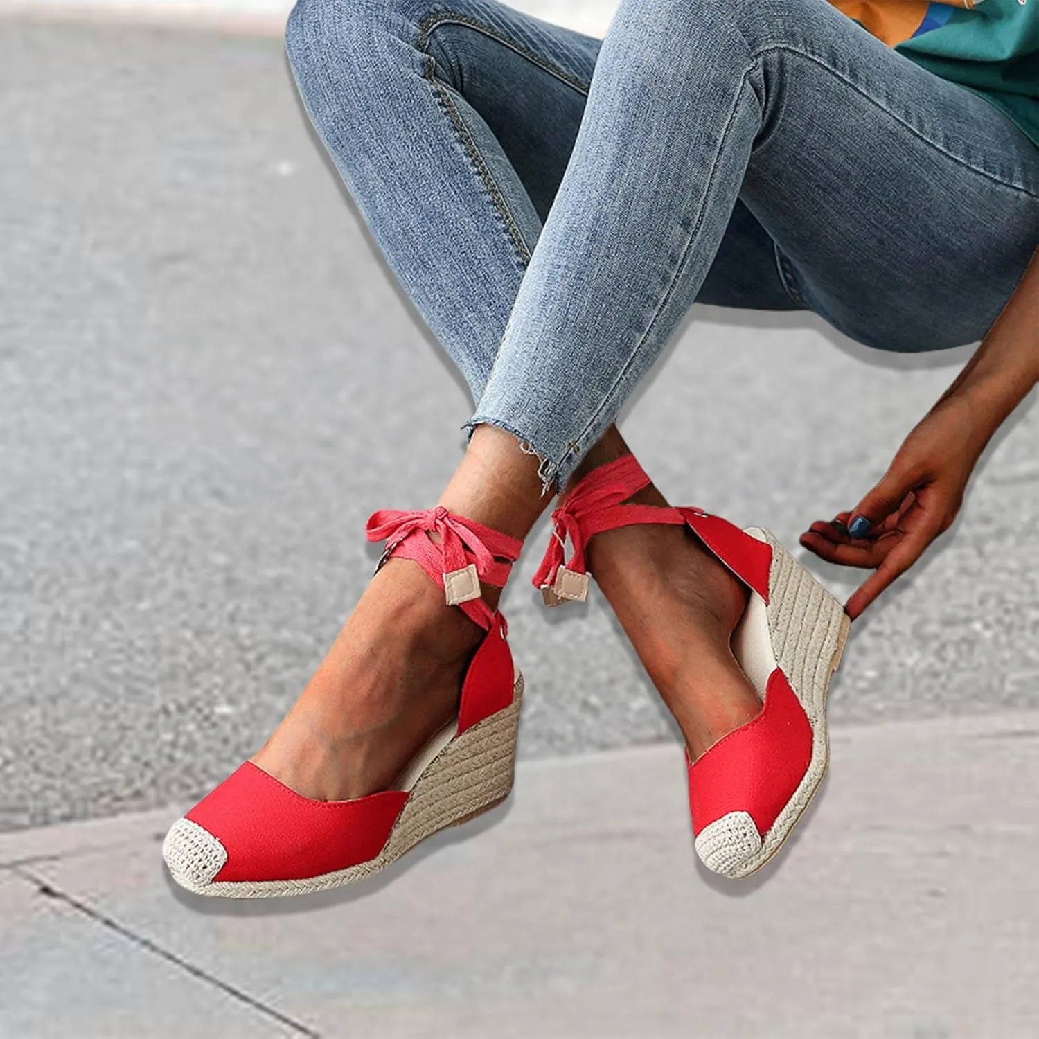 Espadrilles Wedges for Women Closed Toe Lace Up Platform Sandals Ankle Strap Summer Dress Shoes, Casual Beach Platform Espadrille Sandals Slip on Comfortable Slingback