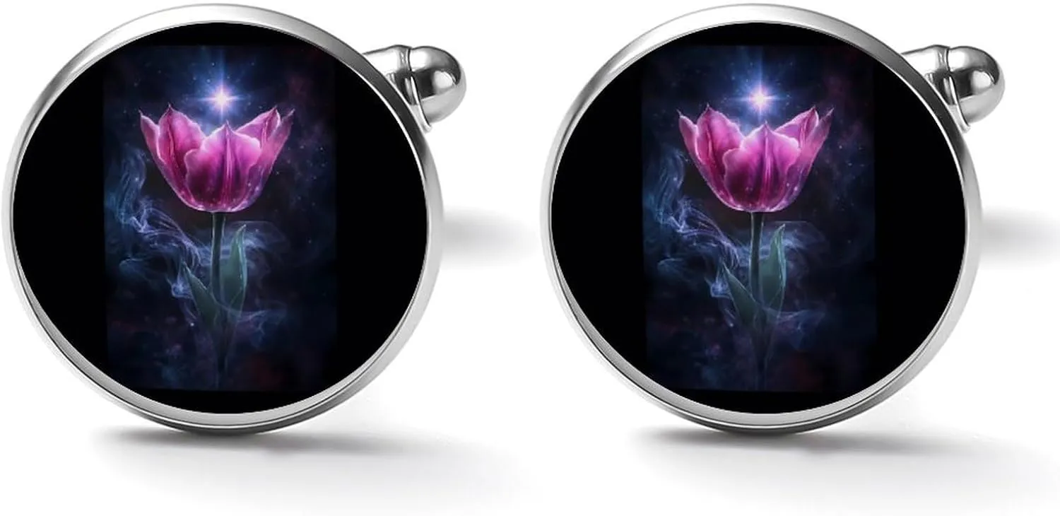 Ethereal Purple Tulips With Smoke Cufflinks for Men Classic Alloy Cuff Link Silver Shirt Accessories for Business Groom Wedding