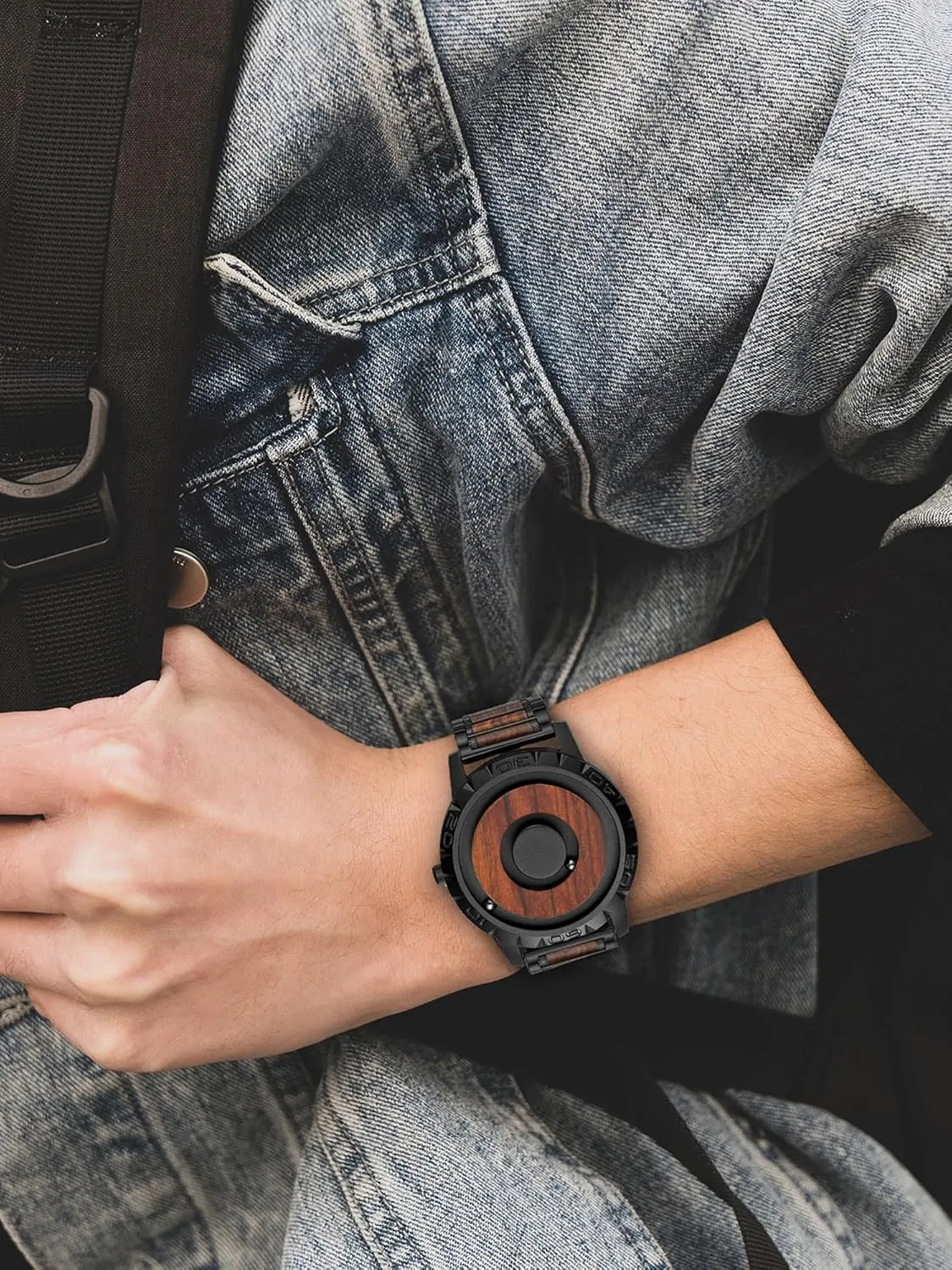 EUTOUR Watches Men Magnetic Watches 3D PVD One Piece Swiss Quartz Watch Waterproof Watches Resin/Leather Steel Strap Black Dial