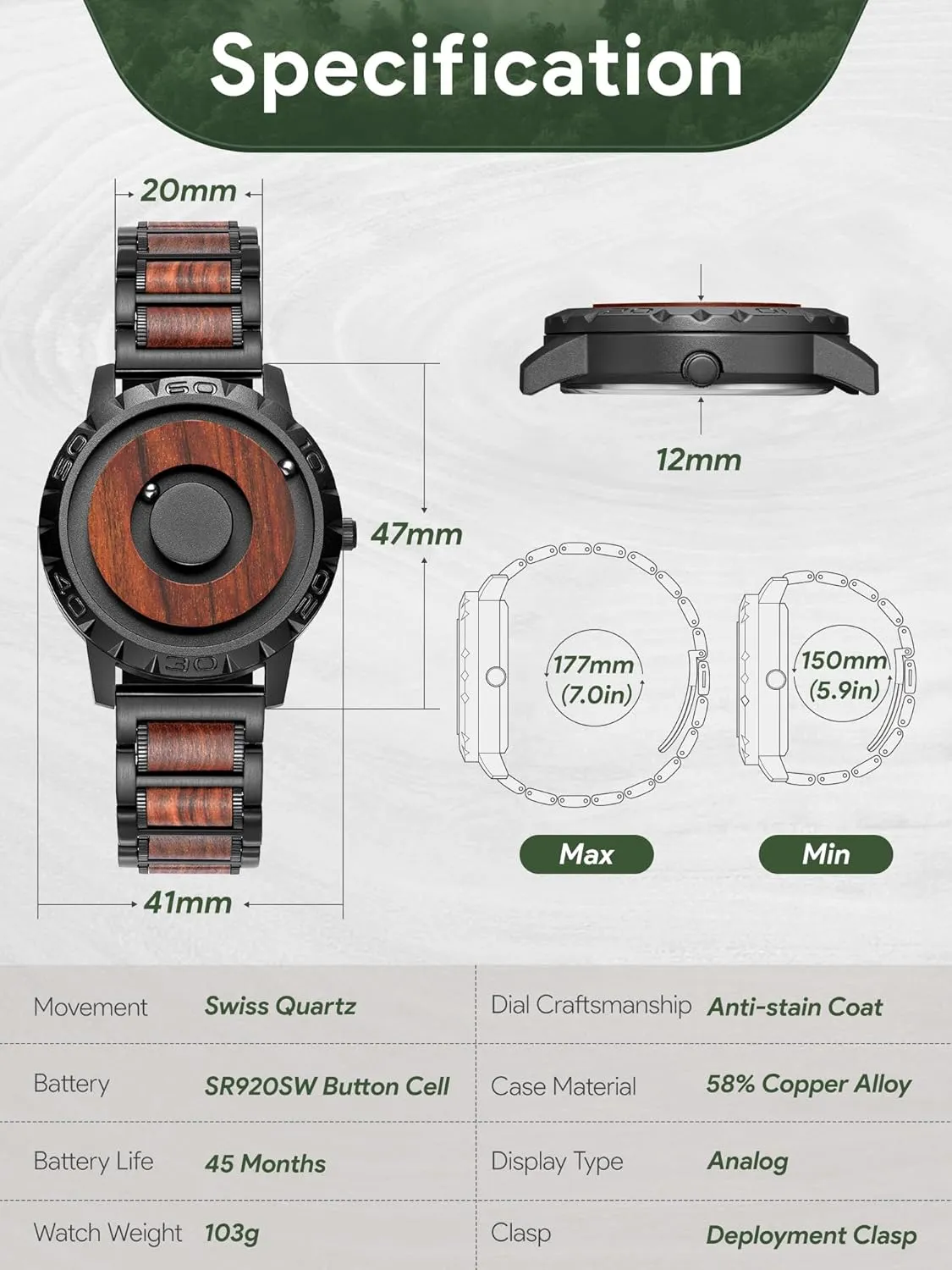 EUTOUR Watches Men Magnetic Watches 3D PVD One Piece Swiss Quartz Watch Waterproof Watches Resin/Leather Steel Strap Black Dial