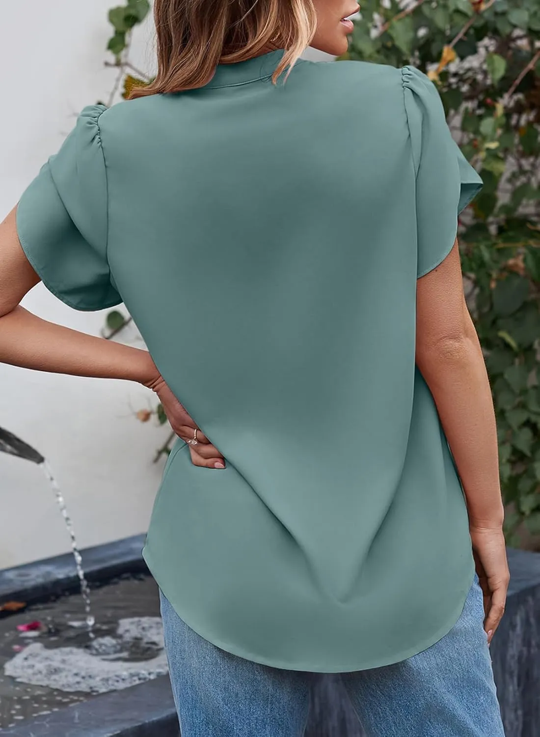EVALESS Women's Dressy Casual Business Work Chiffon Blouses Tops Summer V Neck Cute Loose Petal Short Sleeve T-Shirts