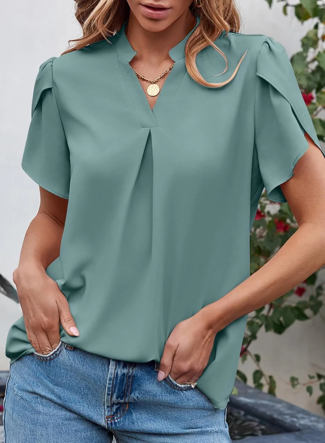 EVALESS Women's Dressy Casual Business Work Chiffon Blouses Tops Summer V Neck Cute Loose Petal Short Sleeve T-Shirts