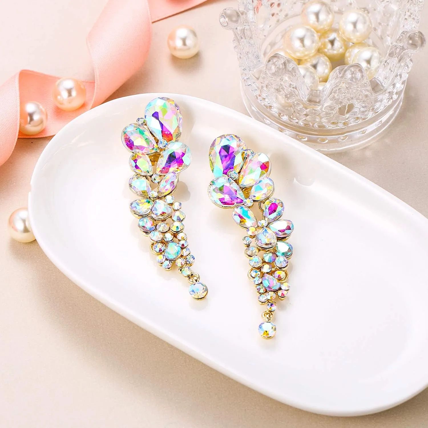 EVER FAITH Women's Austrian Crystal Gorgeous Tear Drops Wedding Dangle Clip-on Earrings