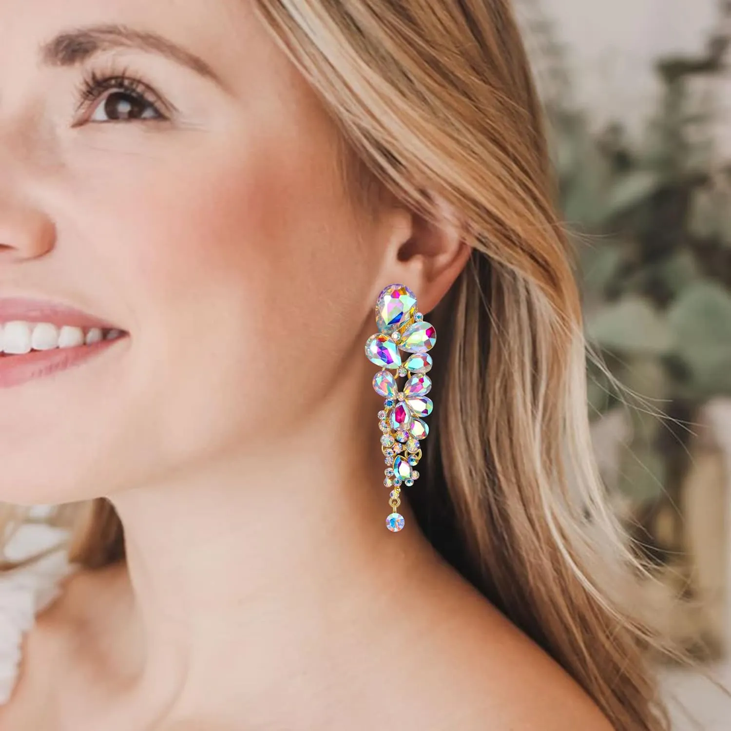 EVER FAITH Women's Austrian Crystal Gorgeous Tear Drops Wedding Dangle Clip-on Earrings