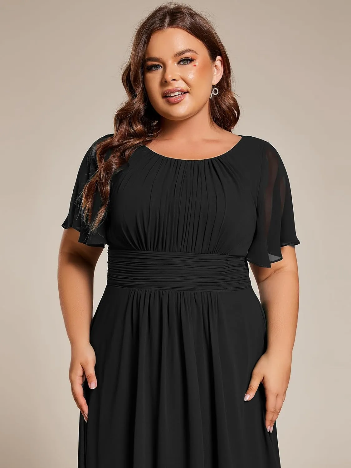 Ever-Pretty Women's A Line Crew Neck Short Sleeves Pleated Elastic Back Chiffon Midi Plus Size High Low Wedding Guest Dresses