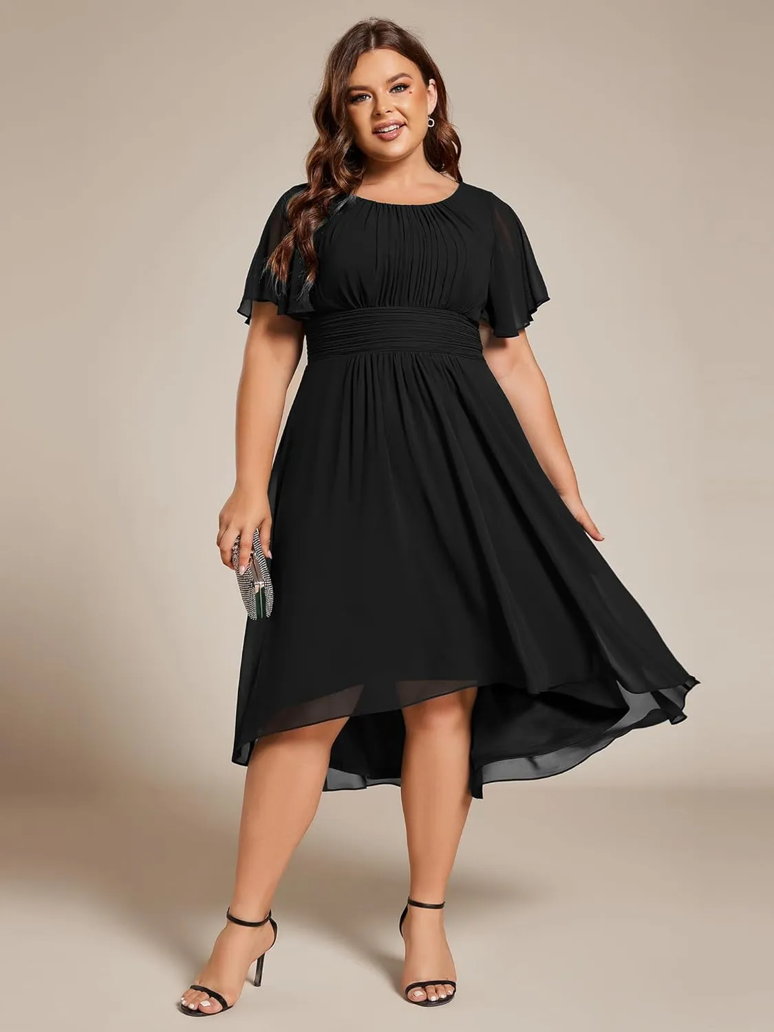 Ever-Pretty Women's A Line Crew Neck Short Sleeves Pleated Elastic Back Chiffon Midi Plus Size High Low Wedding Guest Dresses