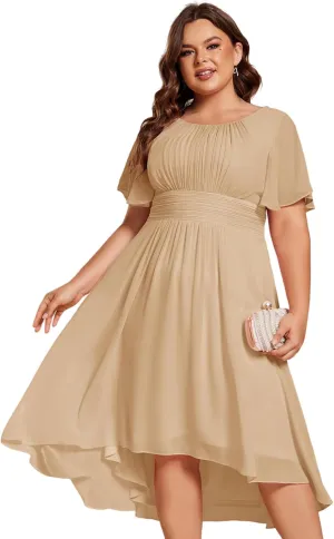 Ever-Pretty Women's A Line Crew Neck Short Sleeves Pleated Elastic Back Chiffon Midi Plus Size High Low Wedding Guest Dresses