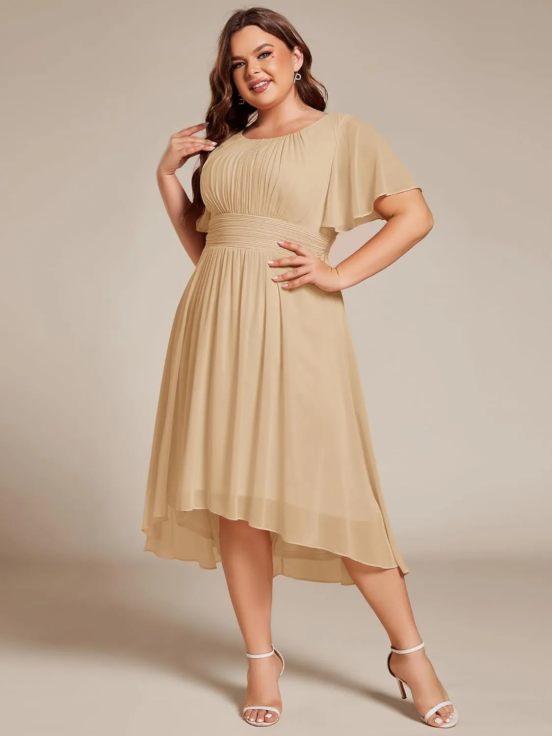 Ever-Pretty Women's A Line Crew Neck Short Sleeves Pleated Elastic Back Chiffon Midi Plus Size High Low Wedding Guest Dresses